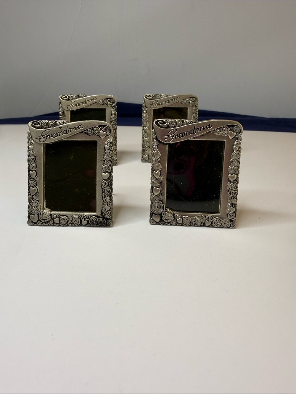 Set of 4 Grandma Mini Photo Frames Rose Heart Easel Pin Back Silver Tone